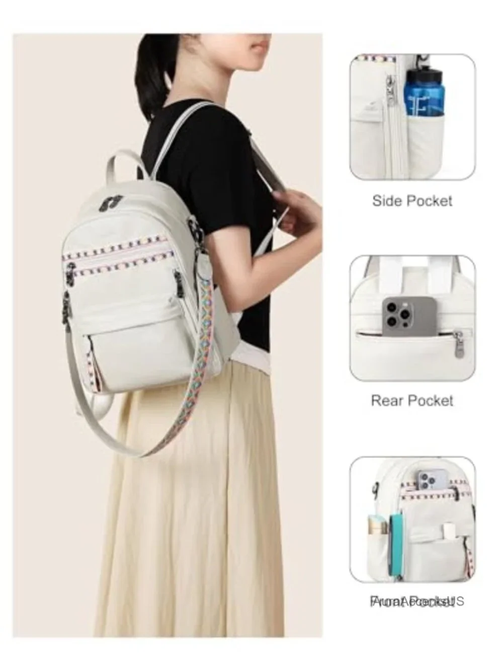 Women's Small Backpack Purse, Faux Leather, 14 Pockets, Fits iPad, Water